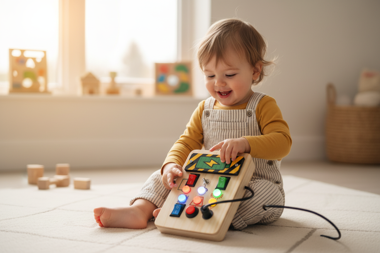 Child playing with Montessori Busy Board