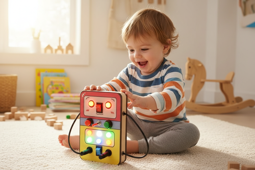 Child playing with Roboplug Montessori Busy Board