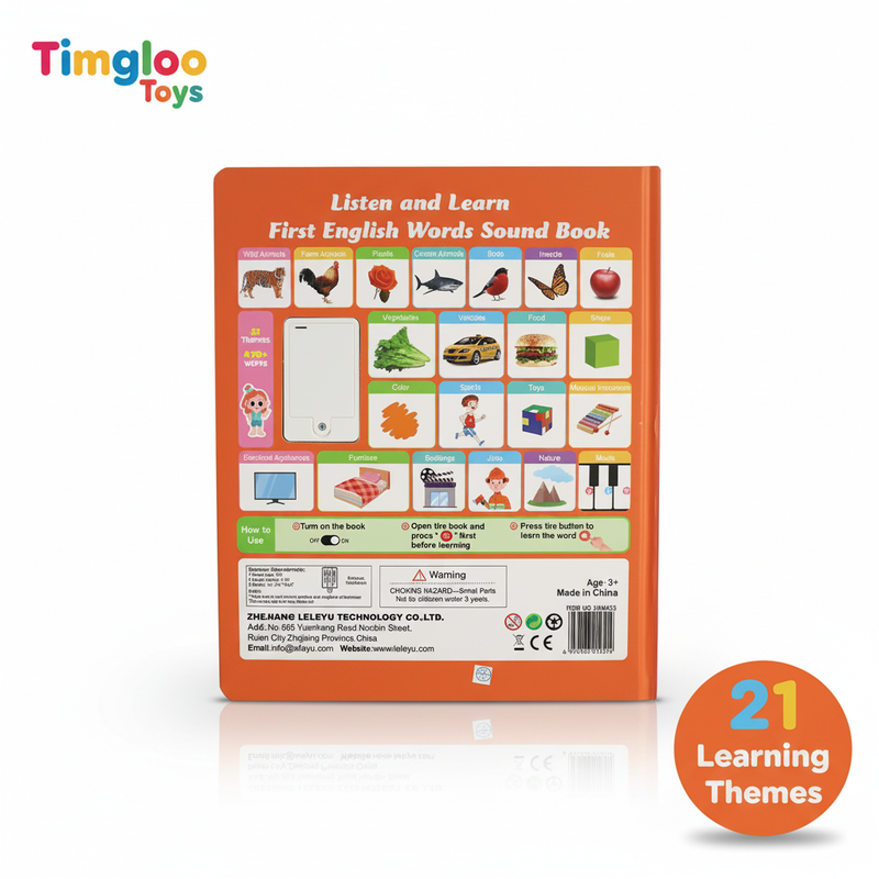 Timgloo Toys First English Words Sound Book showing 21 learning themes