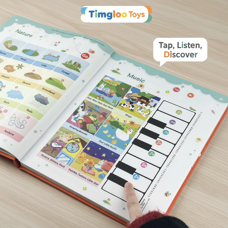 Timgloo Toys sound book being pressed for tap listen discover learning