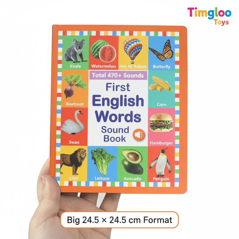 Timgloo Toys First English Words Sound Book showing its large 24.5 by 24.5 centimetre format