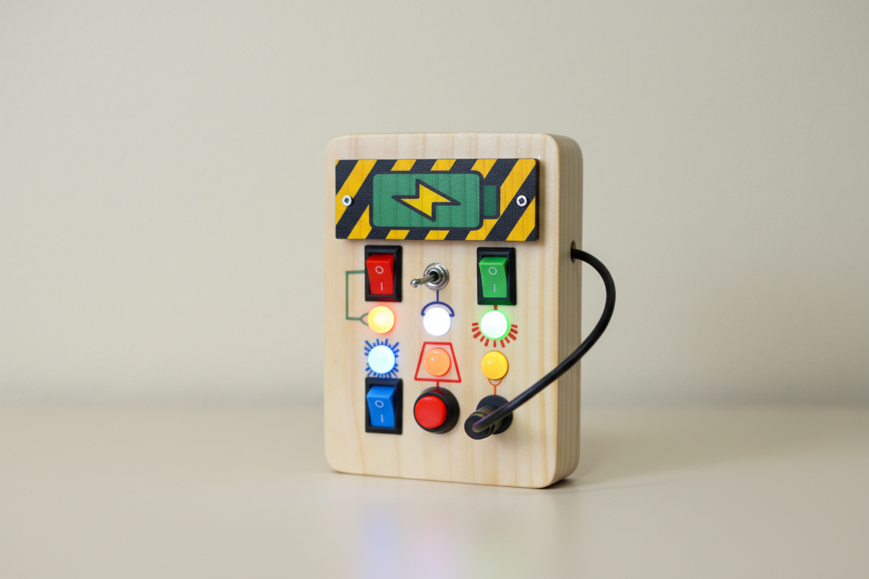 Plug Play Montessori Busy Board with subtle background